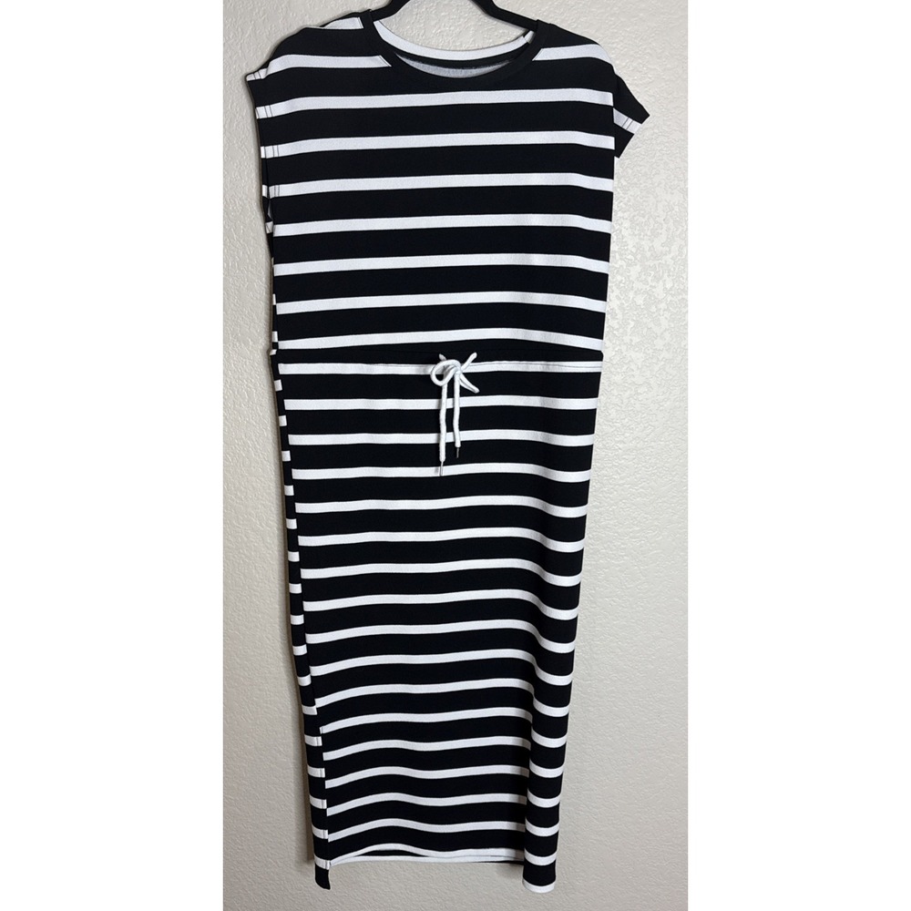 Womens Large Black White Striped Sleeveless Midi Dress Cover Up Beach Travel